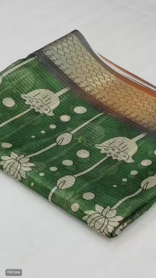 Kota Pattu Kalamkari Digital Print Saree with Contrast Weaving Border & Blouse