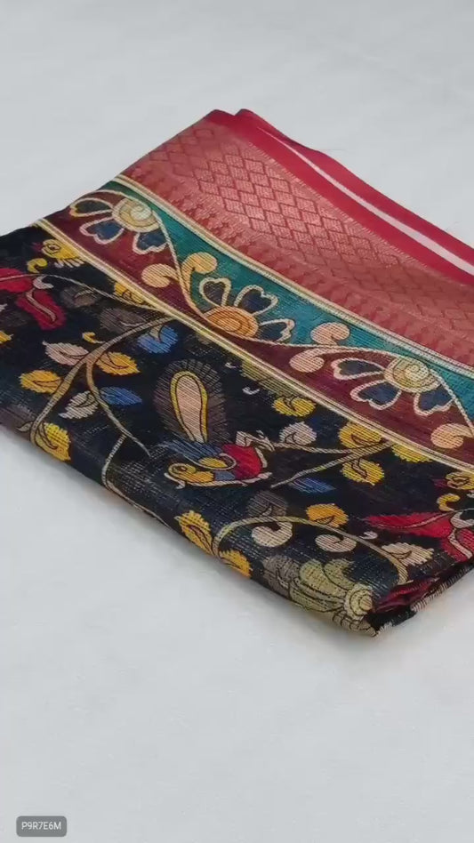 Kota Pattu Kalamkari Digital Print Saree with Contrast Weaving Border & Blouse