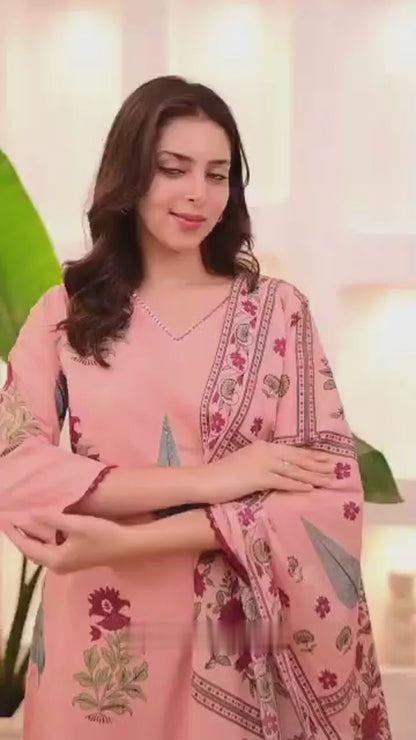 Pastel Floral Cotton Suit Set with Aada Work & Dupatta