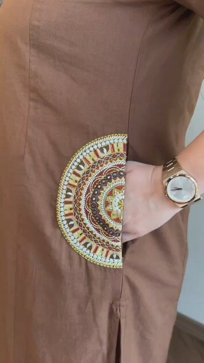 Dhabu Cotton A-Line Suit Set with Embroidery, Pockets & Tassels