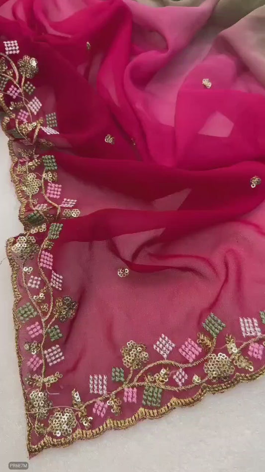 Double Shaded Georgette Chiffon Saree with Multi-Sequence Embroidery Work & Silk Blouse