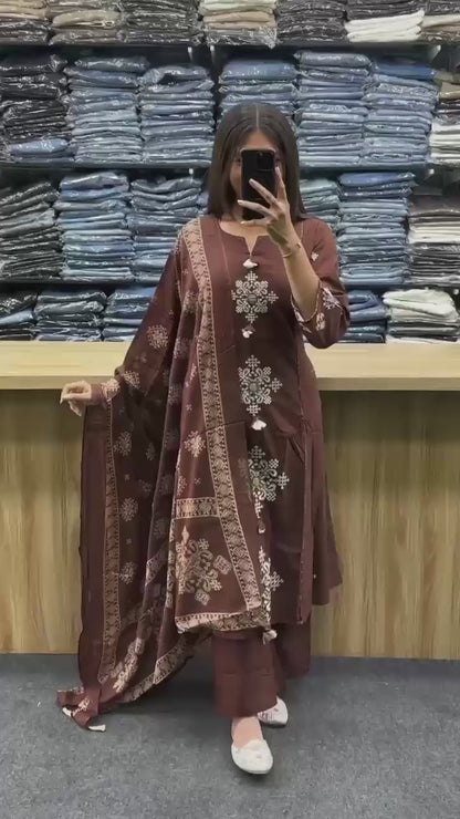 Cotton Straight Kurti Pant Set with Embroidered Neckline & Printed Malmal Dupatta