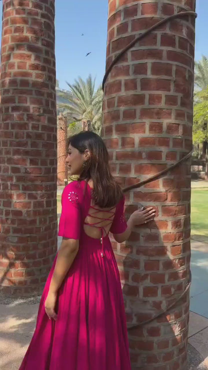 Cotton Anarkali Suit Set with Mirror Embroidery Work