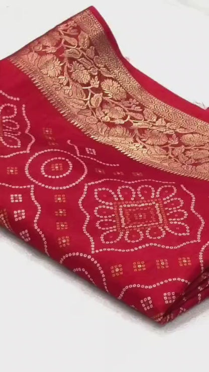 Dola Silk Bandhani Print Saree with Jacquard Border & Running Blouse