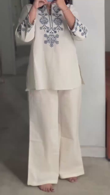 Cotton Flex Co-Ord Set with Embroidered Yoke & Sleeves