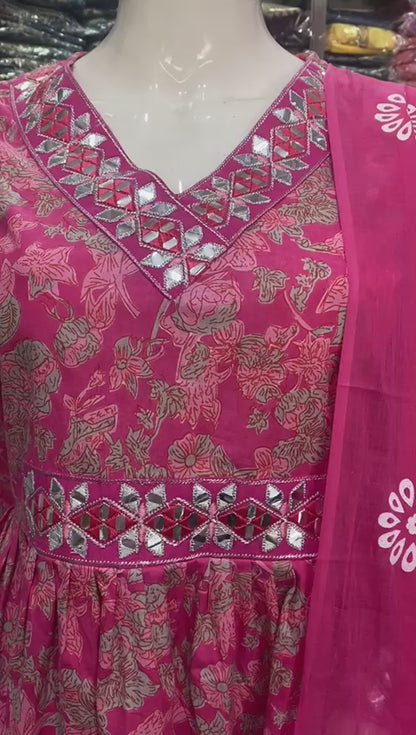 Cotton Printed Naira Cut Kurti with Embroidery, Pant, and Mulmul Dupatta Set