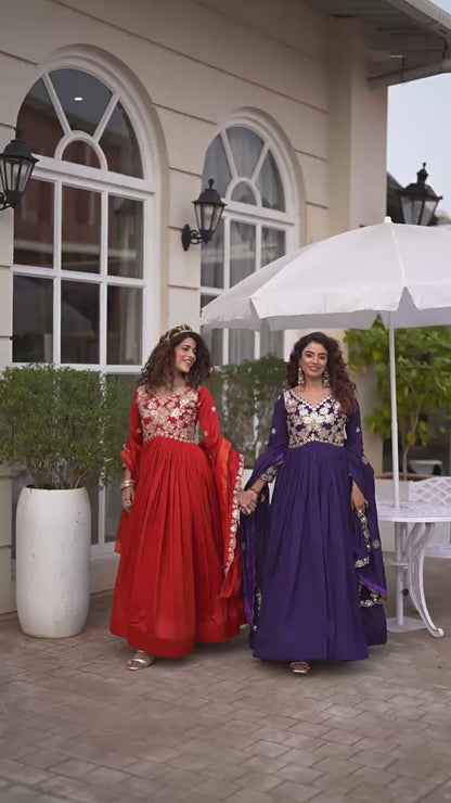 Vichitra Embroidered Long Gown with Dupatta Set