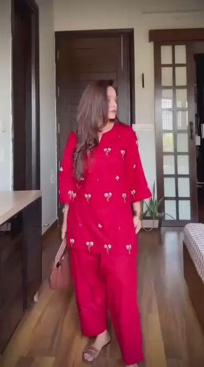 Embroidered Cotton Suit Set with Straight Pant and Malmal Dupatta