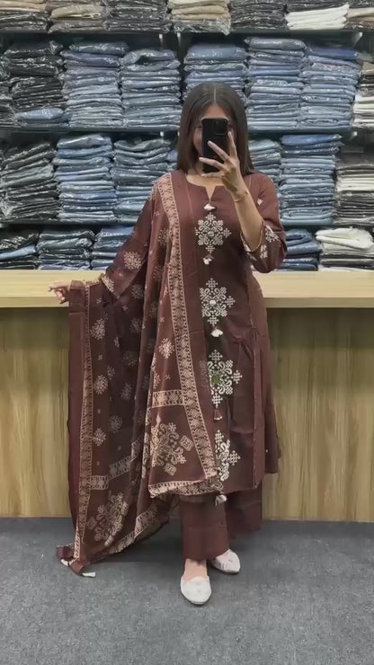Cotton Straight Kurti Set with Embroidery & Printed Dupatta