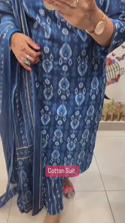 Blue Printed Cotton Kurta Set with Embroidered Neck and Cotton Dupatta