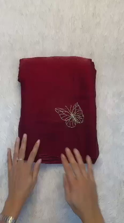 Two-Tone Space Silk Saree with Butterfly Beads Work & Matching Blouse