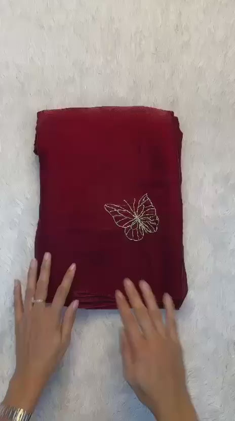 Two-Tone Space Silk Saree with Butterfly Beads Work & Matching Blouse