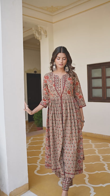 Chocolate Cotton Readymade Kurta with Palazzo Set | Full Sleeve Flared Kurta