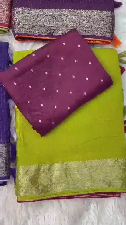 Viscose Chinnon Saree with Jacquard Border & Contrast Blouse