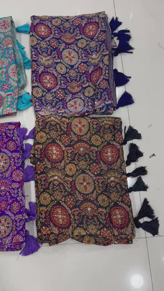 Ajrakh Print Viscose Silk Saree with Mirror Work & Lace Border