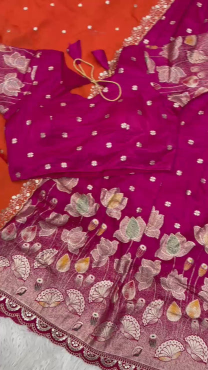 Lotus Stitched Half Saree Set with Jacquard Cutwork Border