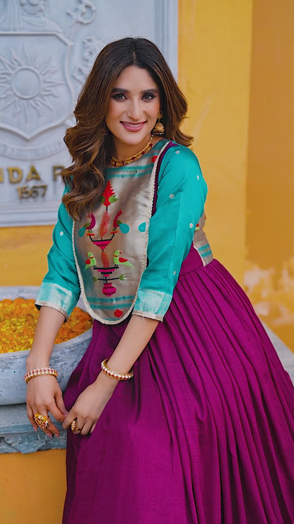 Vichitra Silk Flared Gown with Zari Weaving & Lace Work