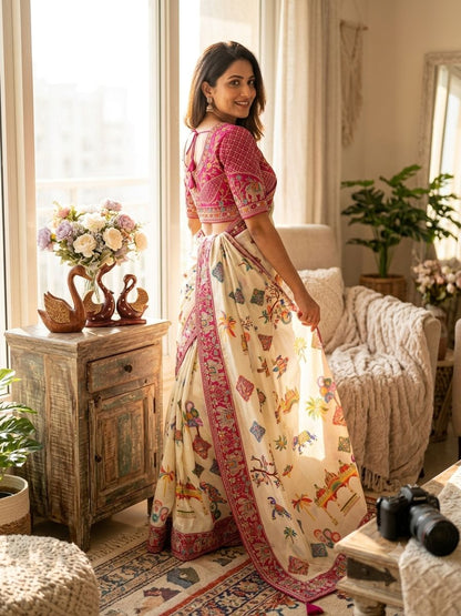 Printed Chinnon Silk Saree with Sequins & Embroidery Border | Banglori Blouse