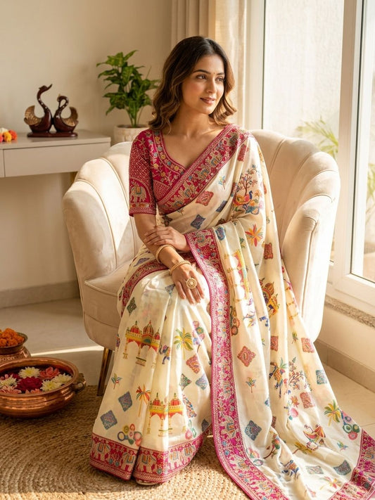 Printed Chinnon Silk Saree with Sequins & Embroidery Border | Banglori Blouse
