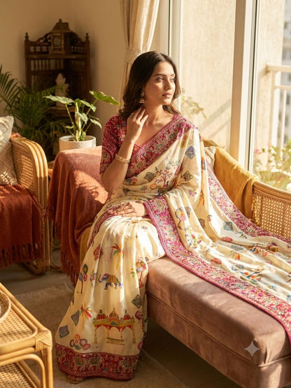 Printed Chinnon Silk Saree with Sequins & Embroidery Border | Banglori Blouse