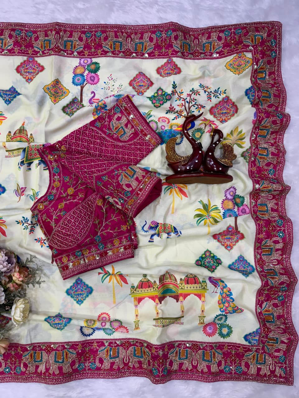 Printed Chinnon Silk Saree with Sequins & Embroidery Border | Banglori Blouse