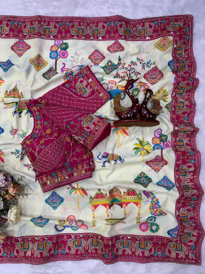 Printed Chinnon Silk Saree with Sequins & Embroidery Border | Banglori Blouse