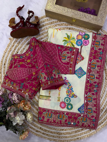 Printed Chinnon Silk Saree with Sequins & Embroidery Border | Banglori Blouse