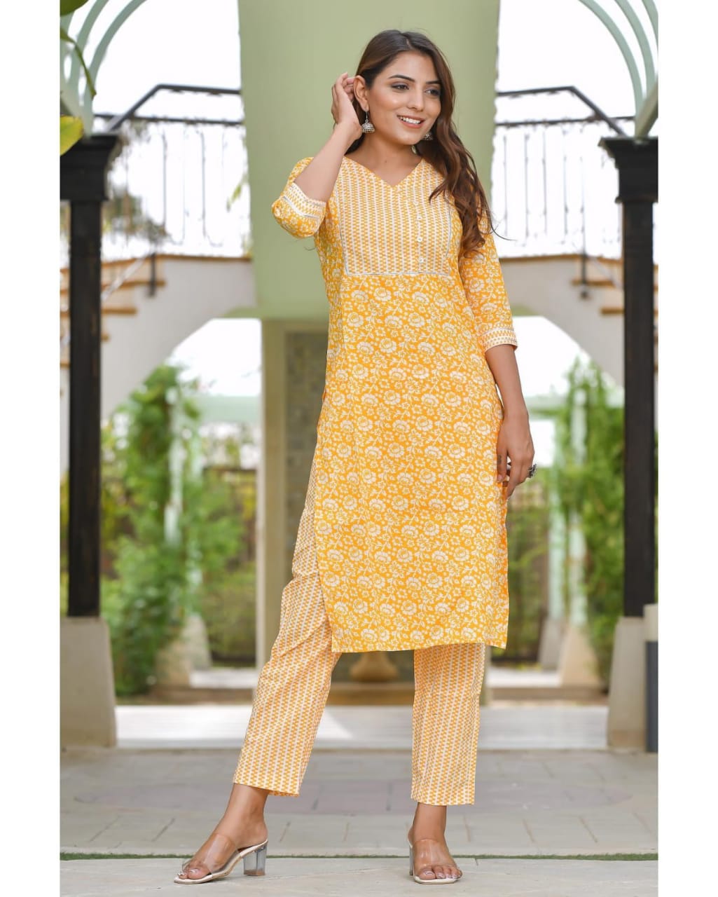 Printed Cotton Kurti Pant Set with Yoke Work & Lupi Button