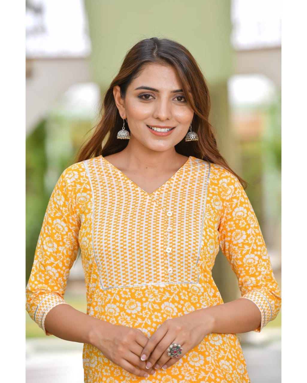 Printed Cotton Kurti Pant Set with Yoke Work & Lupi Button