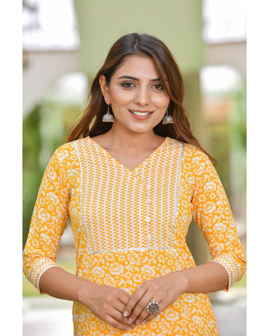 Printed Cotton Kurti Pant Set with Yoke Work & Lupi Button