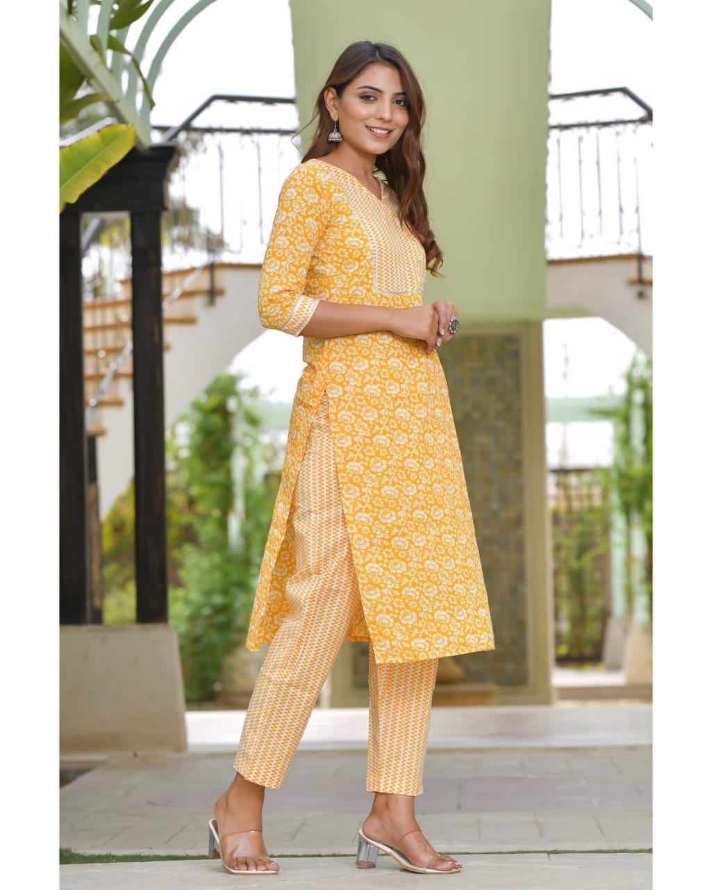 Printed Cotton Kurti Pant Set with Yoke Work & Lupi Button