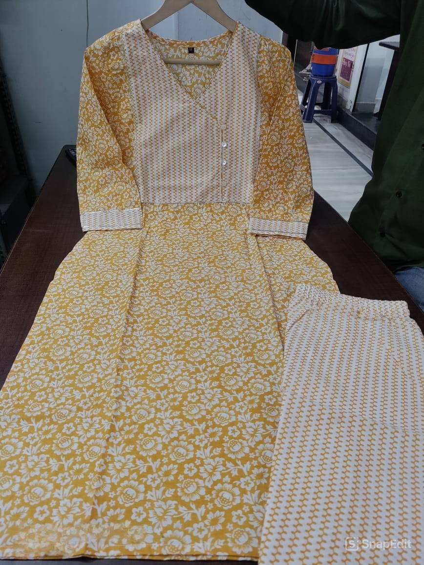 Printed Cotton Kurti Pant Set with Yoke Work & Lupi Button