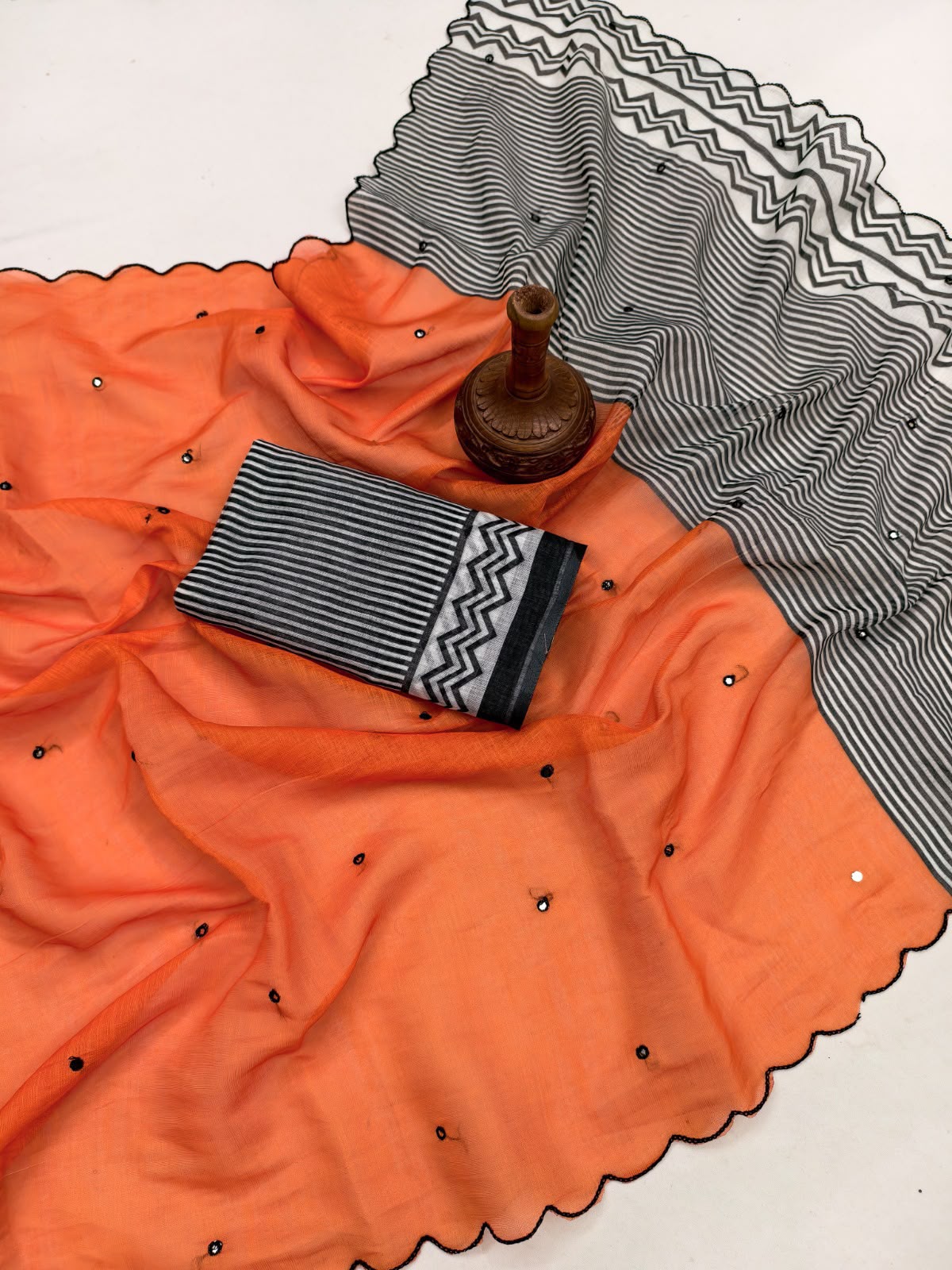 Printed Linen Cotton Saree with Aari Mirror Work & Cutwork Border