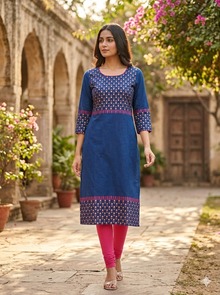 Printed Straight-Cut Cotton Kurta with Block Print