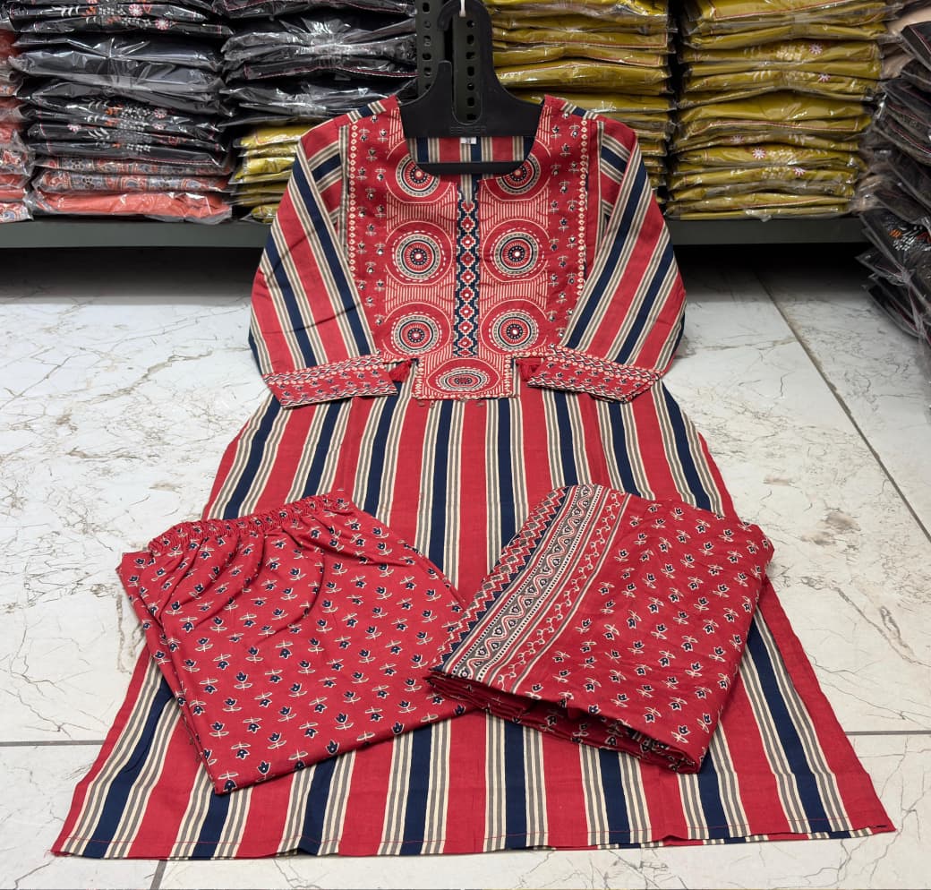 Procin Printed Cotton Suit Set with Katha, Mirror & Funda Work