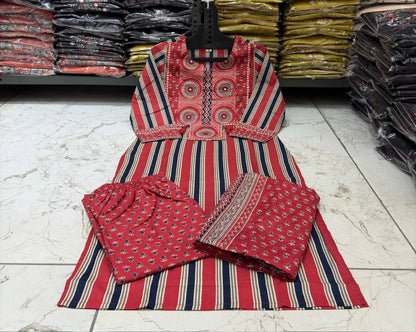 Procin Printed Cotton Suit Set with Katha, Mirror & Funda Work