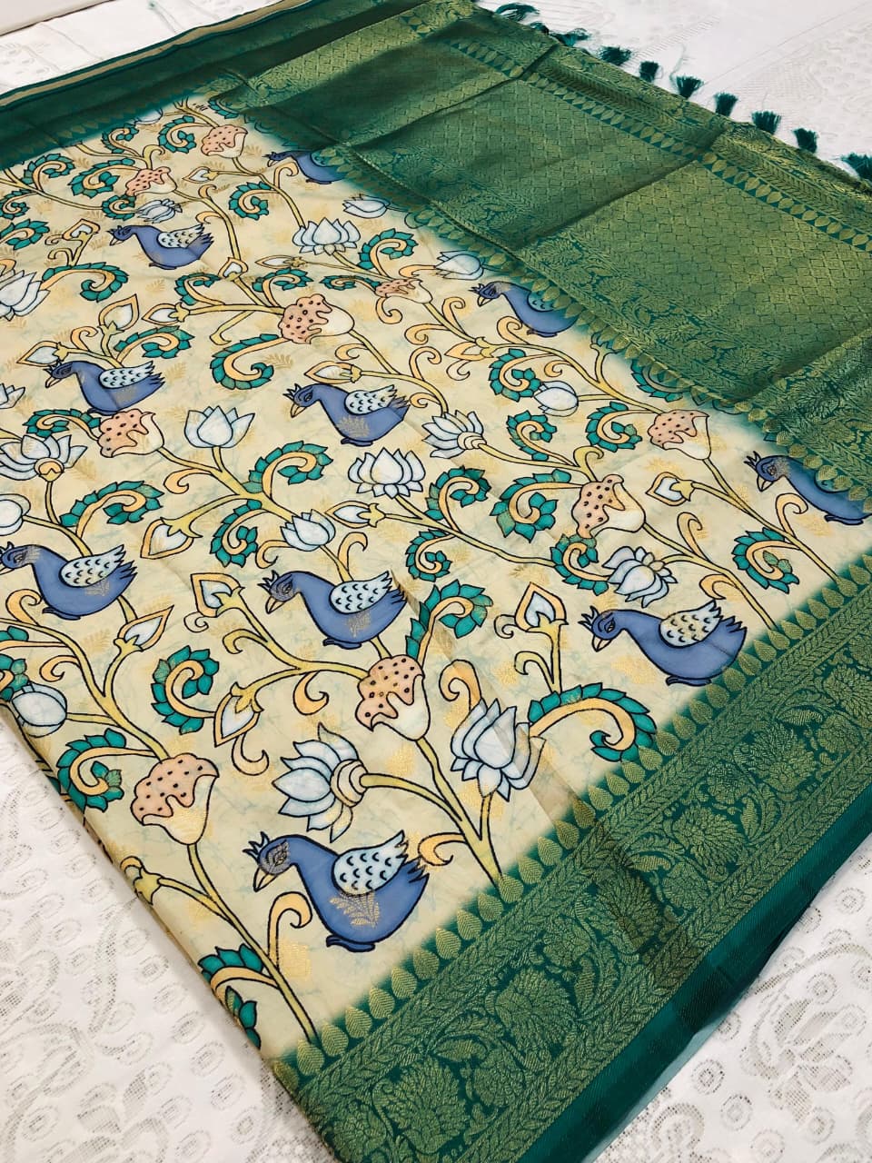 Banarasi Silk Pichwai Kalamkari Saree with Zari Gold Kanchi Weaving