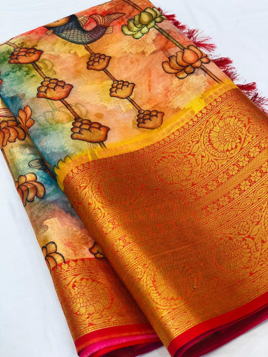 Banarasi Silk Pichwai Kalamkari Saree with Zari Gold Kanchi Weaving