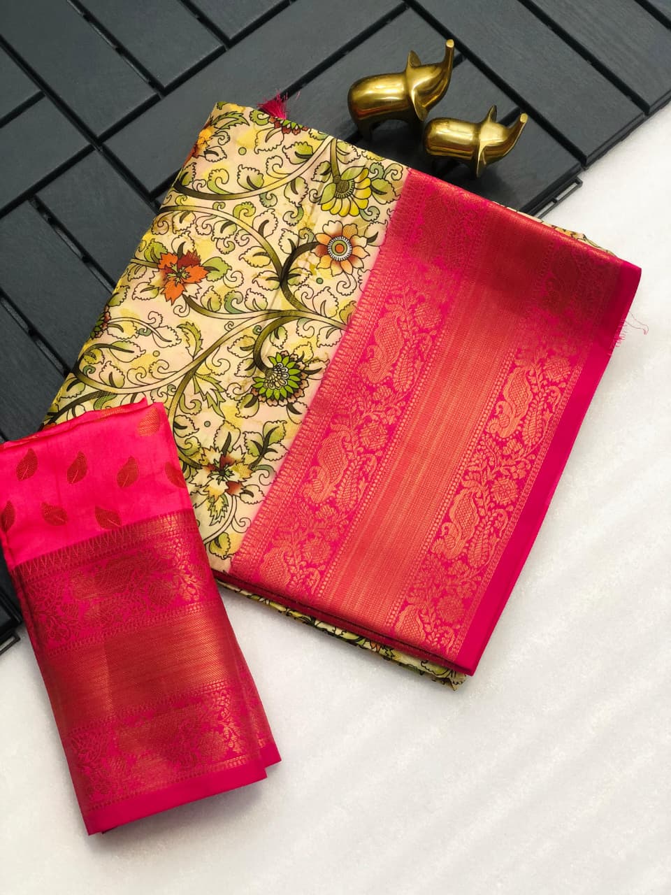 Banarasi Silk Pichwai Kalamkari Saree with Zari Gold Kanchi Weaving