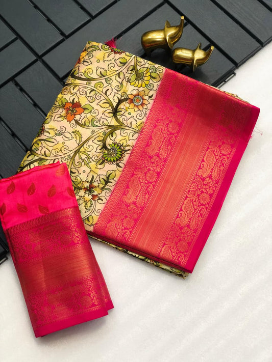 Banarasi Silk Pichwai Kalamkari Saree with Zari Gold Kanchi Weaving