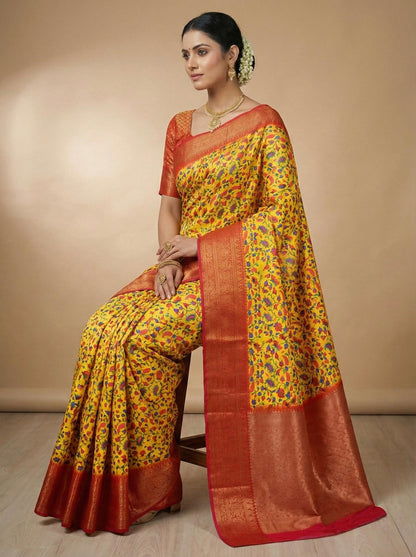 Banarasi Silk Pichwai Kalamkari Saree with Zari Gold Kanchi Weaving
