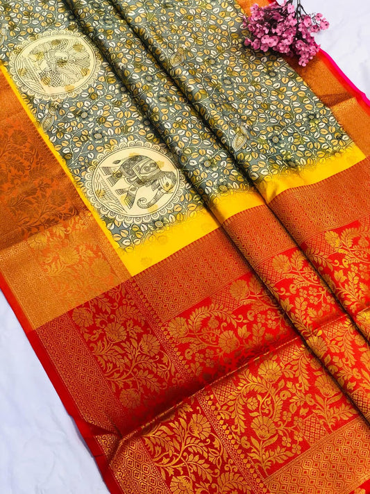Banarasi Silk Pichwai Kalamkari Saree with Zari Gold Kanchi Weaving