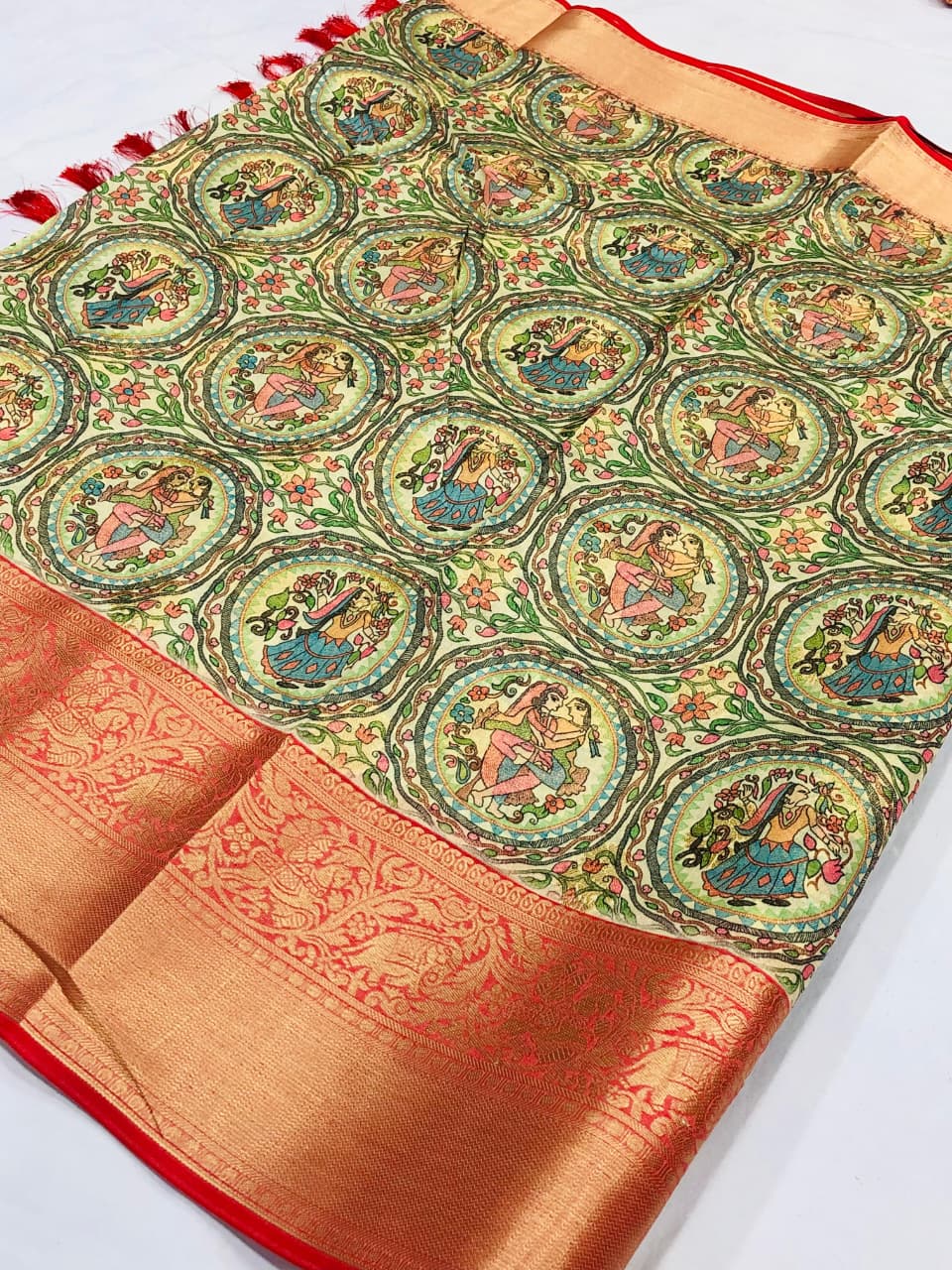 Banarasi Silk Pichwai Kalamkari Saree with Zari Gold Kanchi Weaving