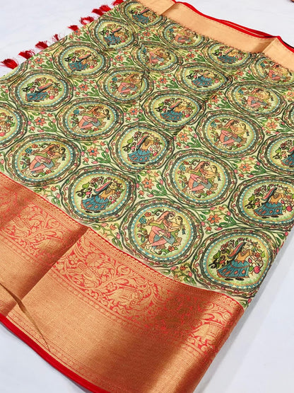 Banarasi Silk Pichwai Kalamkari Saree with Zari Gold Kanchi Weaving