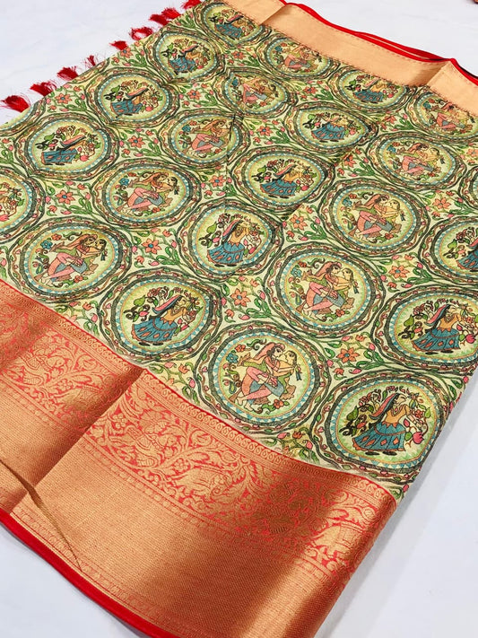 Banarasi Silk Pichwai Kalamkari Saree with Zari Gold Kanchi Weaving
