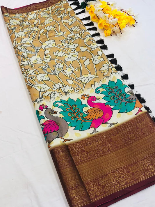 Banarasi Silk Pichwai Kalamkari Saree with Zari Gold Kanchi Weaving