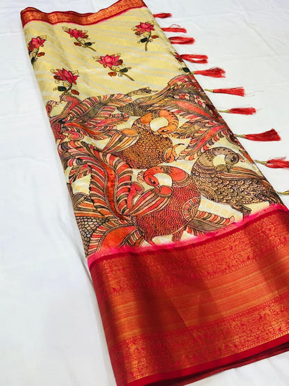 Banarasi Silk Pichwai Kalamkari Saree with Zari Gold Kanchi Weaving