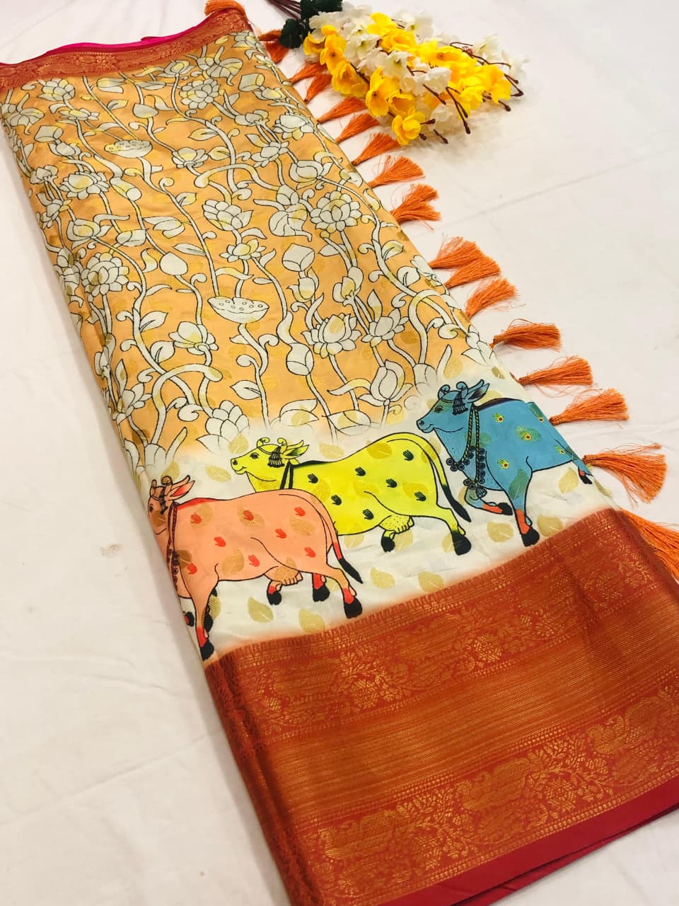 Banarasi Silk Pichwai Kalamkari Saree with Zari Gold Kanchi Weaving