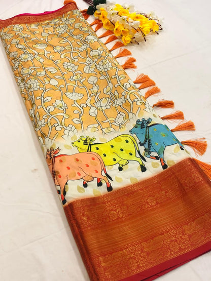 Banarasi Silk Pichwai Kalamkari Saree with Zari Gold Kanchi Weaving