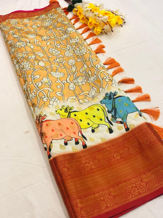 Banarasi Silk Pichwai Kalamkari Saree with Zari Gold Kanchi Weaving